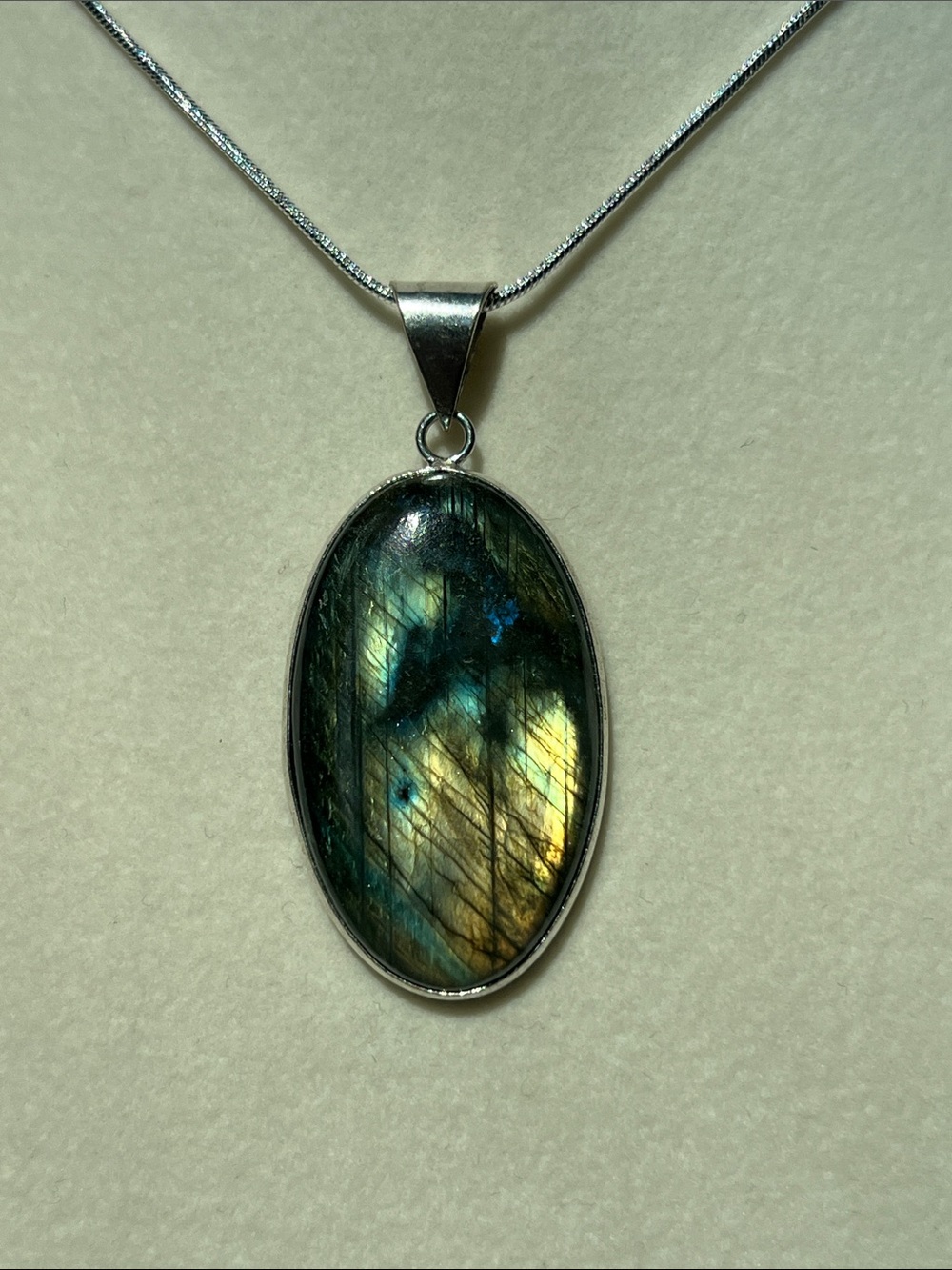 Labradorite Oval Pendant Necklace in Blue-Green and Gold - Women Jewelry